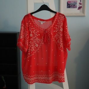 PRETTY pink semi sheer embroidered blouse with tie front, short sleeve